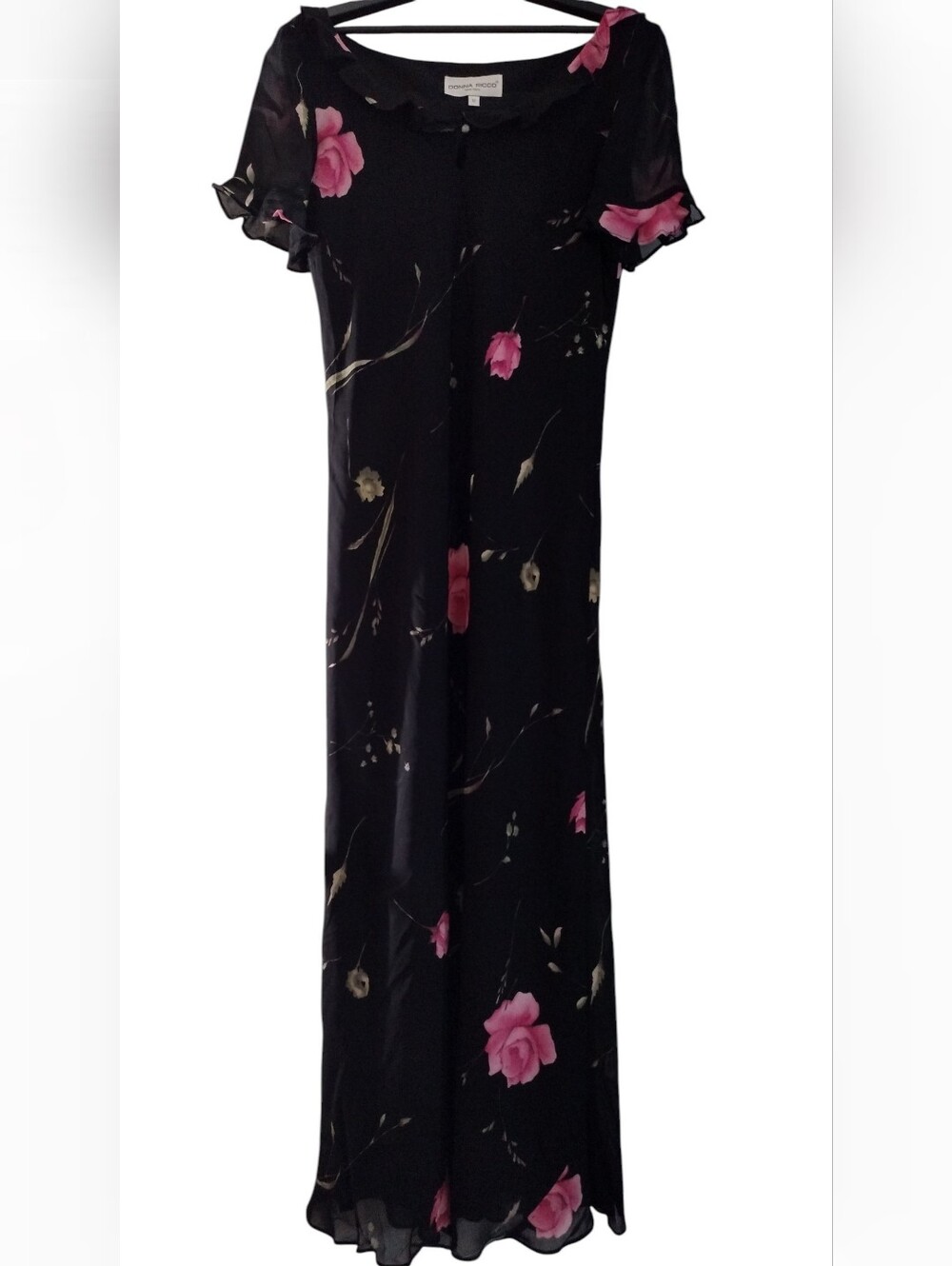 Vintage Black Floral Maxi Dress with Pink Rose Print